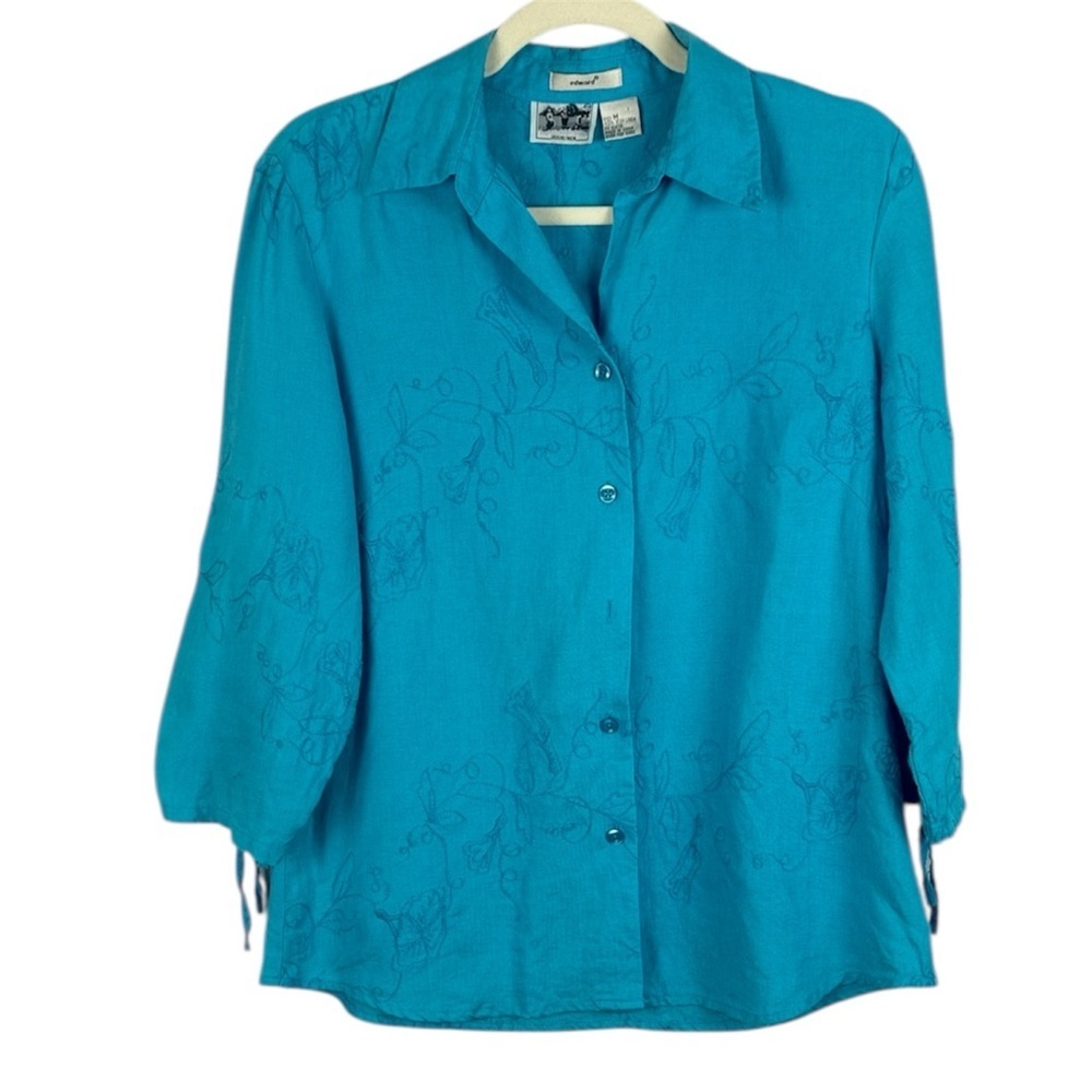 Edward Irish Linen Elegant Light Blue Floral Embroidered Button Down Med Blouse